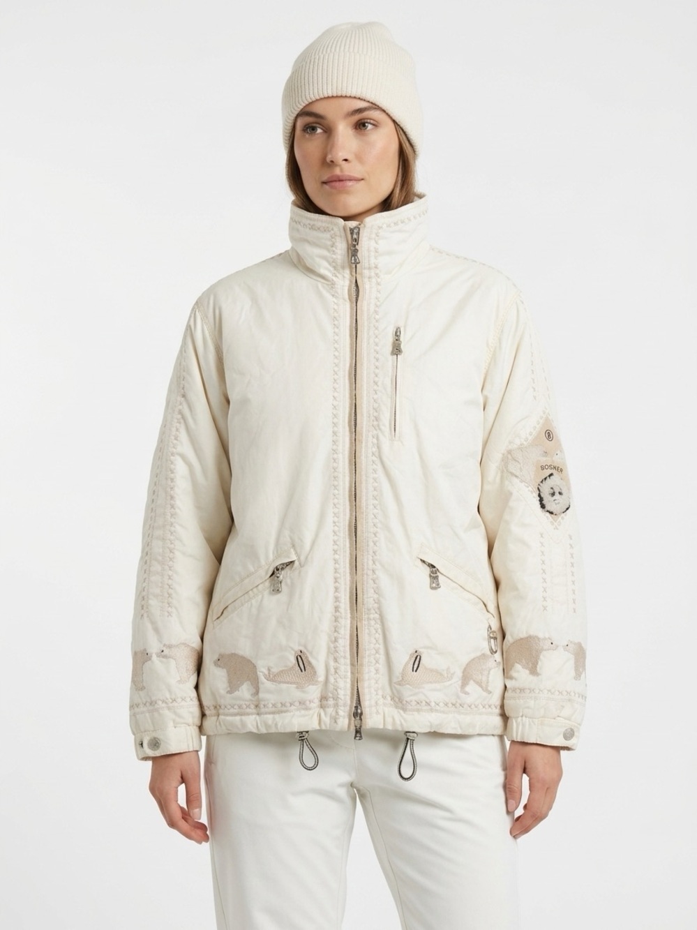 Bogner Vintage Ski Jacket Polar Bear Embroidery Nylon Cream Size 8